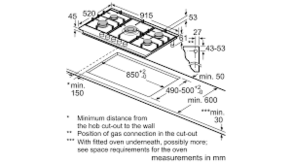 Neff T29DS69N0 N 70 90cm Gas Hob in Stainless Steel_installation dimensions