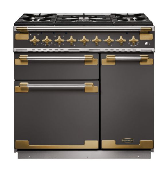 Rangemaster 135290  Elise Luxe 90 Dual Fuel Range Cooker in Slate with Antique Brass Trim - ELS90DFFSL/AB