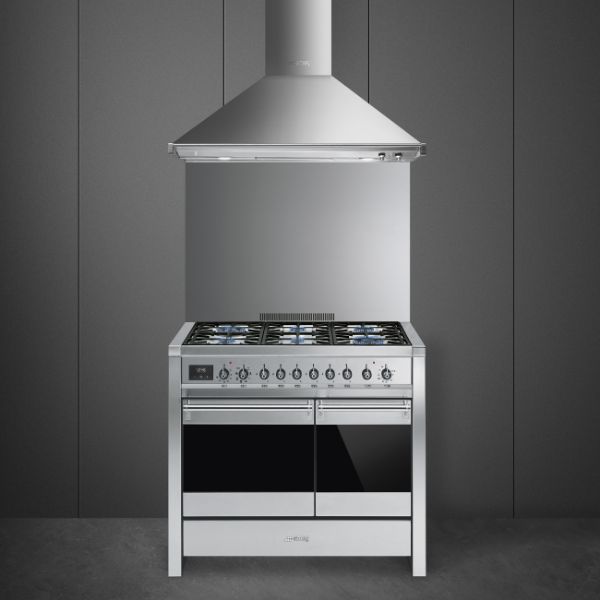 Smeg A2-81 100cm Opera Dual Fuel Range Cooker in Stainless Steel _ Front view with hood 