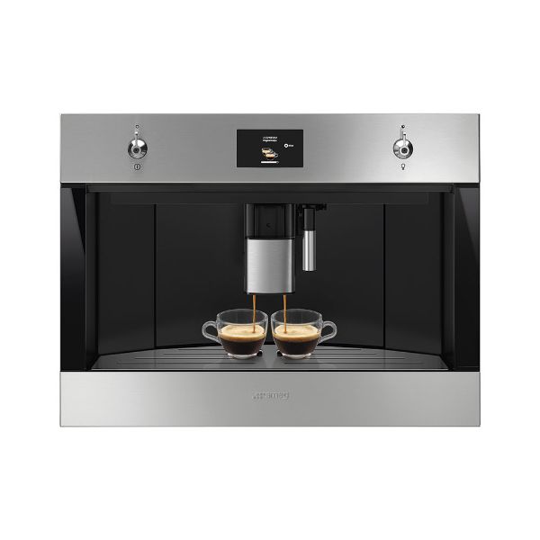 Smeg CMS4303X 45cm Classic Fully Automatic Coffee Machine in Stainless Steel _ Front view dual cups