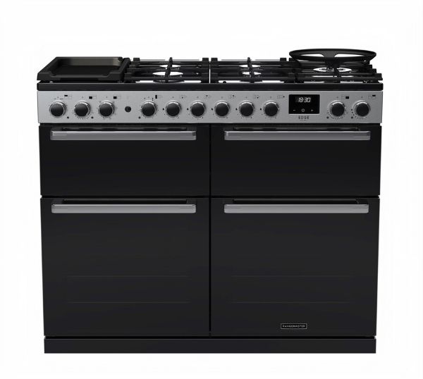 Rangemaster 15828 Edge Deluxe 110cm Dual Fuel Range Cooker in Black Glass with Chrome Trim - EDDLB110DFGBLK/CM1