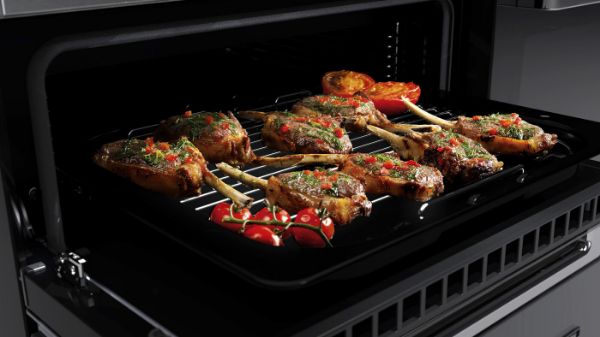 Rangemaster 15834 Edge Deluxe 110cm Induction Range Cooker in Black Glass with Chrome Trim - EDDLB110EIGBLK/CM1_oven