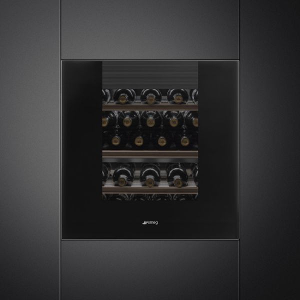 Smeg CVI129B3 60cm Height Linea Wine Cooler with Reversible Hinge In Midnight Black_ front view stocked 