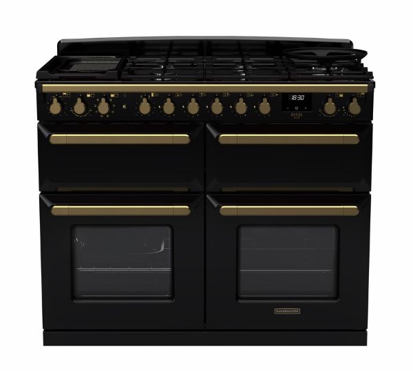 Rangemaster 18144 Estel Deluxe 110 Dual Fuel Range Cooker in Gloss Black with Antique Brass Trim - ESDLB110DFPGBL/AB1_main