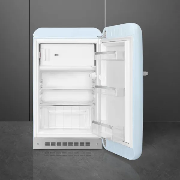 Smeg FAB10RPB6 55cm 50s Style Fridge Freezer Minibar Right Hand Hinge In Pastel Blue_open