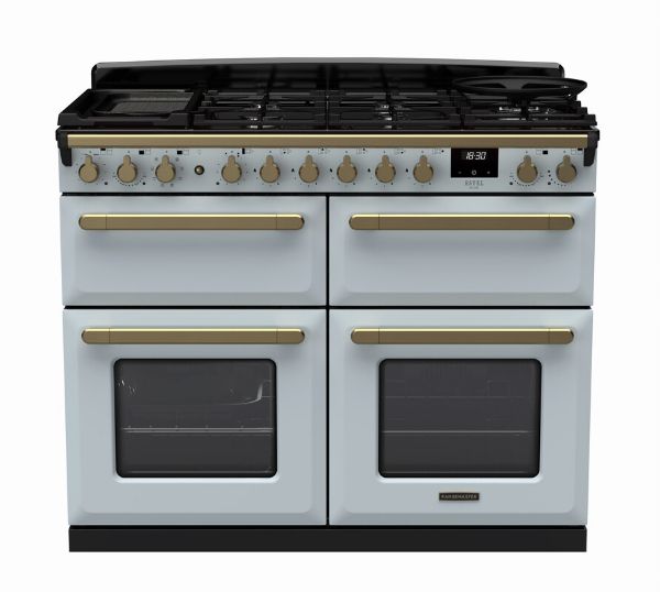 Rangemaster 18148 Estel Deluxe 110 Dual Fuel Range Cooker in Misty Blue with Antique Brass Trim - ESDLB110DFPMSB/AB1_main