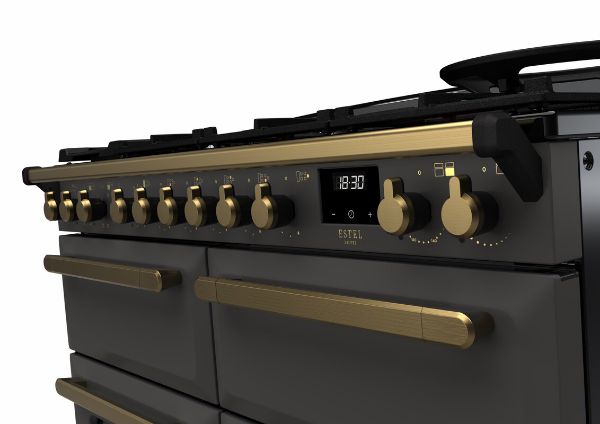 Rangemaster 18145 Estel Deluxe 110 Dual Fuel Range Cooker in Slate with Antique Brass Trim - ESDLB110DFPSLT/AB1_controls