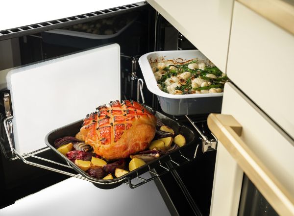 Rangemaster 15299 Deluxe 110 Induction Range Cooker in Gloss Black with Chrome Trim - ESDLB110EIPGBL/CM1_left oven