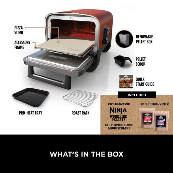 Ninja OO101UKCOVKIT Ninja Woodfire Outdoor Oven with Grill Cover & Woodfire Pellets - Terracotta/Steel_box contents
