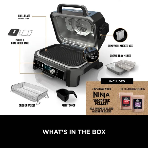 Ninja OG901UKCOVKIT Electric BBQ Grill & Smoker with Cover and Woodfire Pellets  - Black/Blue_box contents