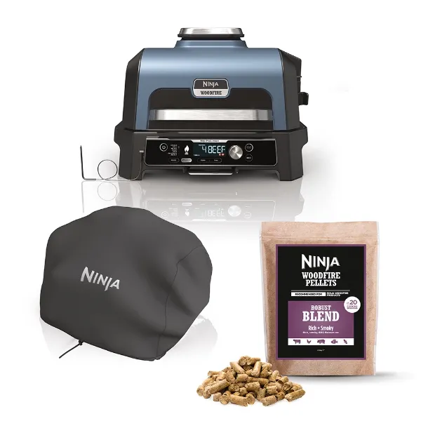 Ninja OG901UKCOVKIT Electric BBQ Grill & Smoker with Cover and Woodfire Pellets  - Black/Blue_main