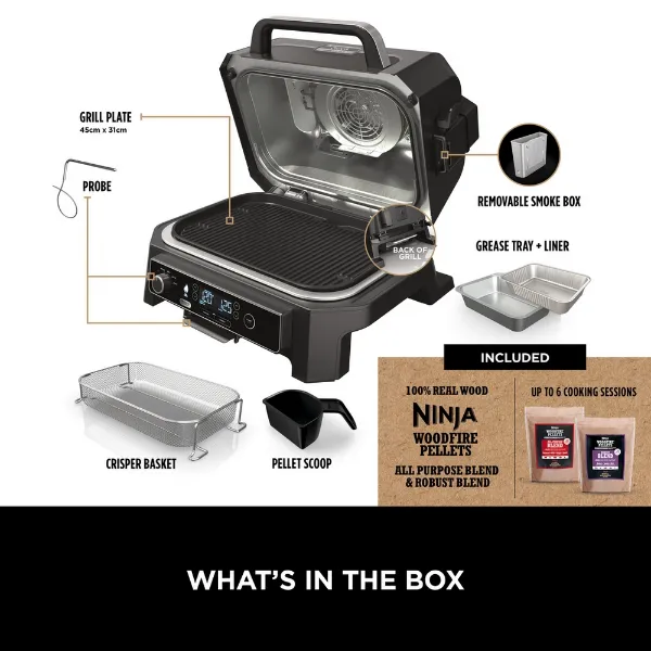 Ninja OG850UK Woodfire XL Electric BBQ Grill & Smoker with Cover and Pellets - Black/Grey_box contents