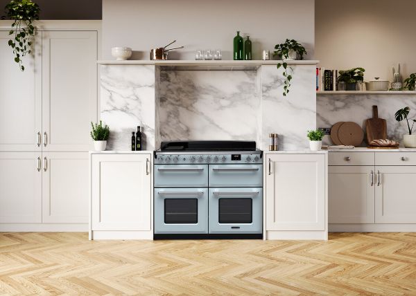 Rangemaster 18169 Estel Deluxe 110 Induction Range Cooker in Misty Blue with Antique Brass Trim - ESDLB110EIPMSB/AB1_room view