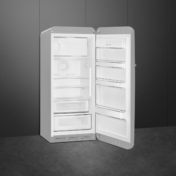 Smeg FAB28RSV5UK 60cm 50s Style Fridge with Icebox Right Hand Hinged In Silver_open