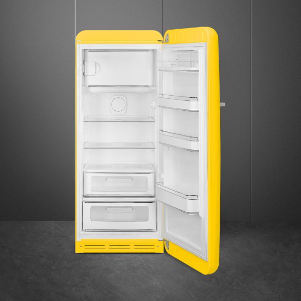 Smeg FAB28RYW5UK 60cm 50s Style Fridge with Icebox Right Hand Hinge In Yellow_open