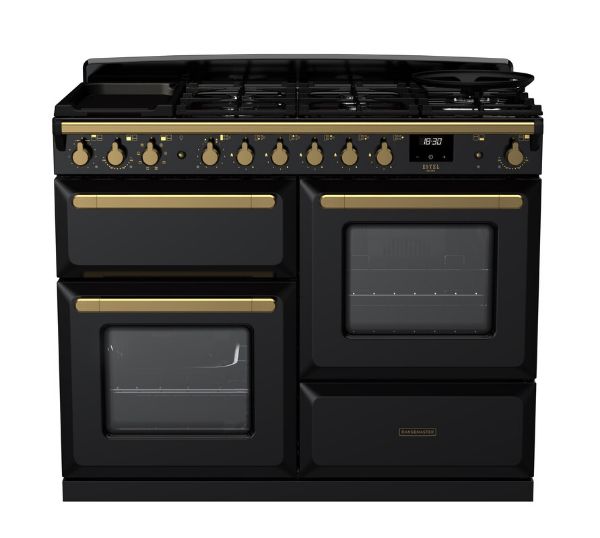 Rangemaster 18102 Estel Deluxe 110 Dual Fuel Range Cooker with Proving Drawer in Gloss Black with Antique Brass Trim - ESDLO110DFPGBL/AB1_main