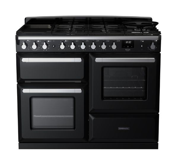 Rangemaster 15146 Estel Deluxe 110 Dual Fuel Range Cooker with Proving Drawer in Gloss Black with Chrome Trim - ESDLO110DFPGBL/CM1_main
