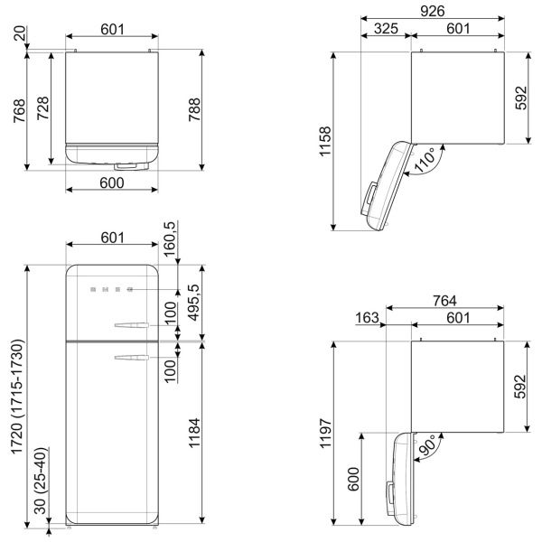Smeg FAB30LWH5UK 60cm 50s Style Fridge Freezer Left Hand Hinge in White_dimensions
