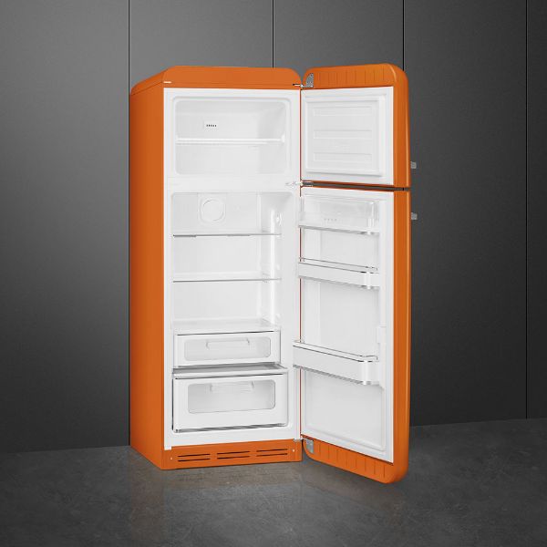 Smeg FAB30ROR5UK 60cm 50s Style Fridge Freezer Right Hand Hinge In Orange_open