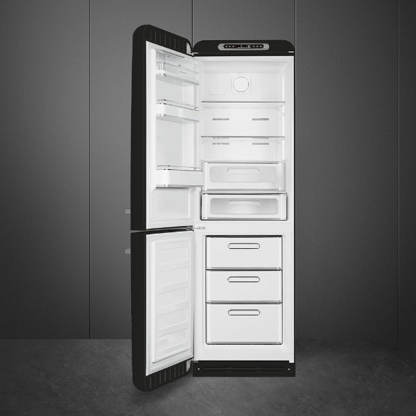 Smeg FAB32LBL5UK 60cm 50s Style Fridge Freezer Left Hand Hinge In Black_open
