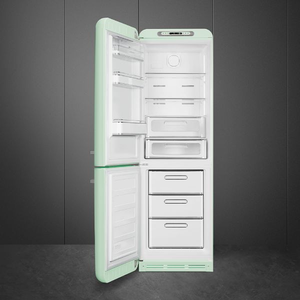 Smeg FAB32LPG5UK 60cm 50s Style Fridge over Freezer Left Hand Hinge In Pastel Green_open