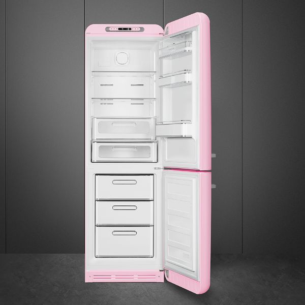 Smeg FAB32RPK5UK 60cm 50s Style Fridge Freezer Right Hand Hinge In Pink_open