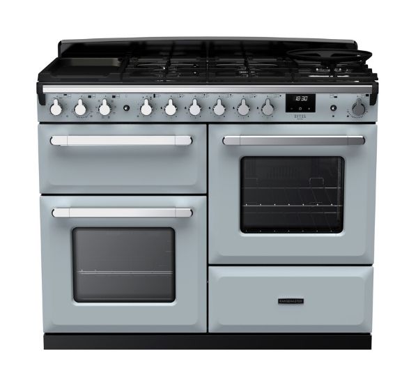 Rangemaster 15151 Estel Deluxe 110 Dual Fuel Range Cooker with Proving Drawer in Misty Blue with Chrome Trim - ESDLO110DFPMSB/CM1_main