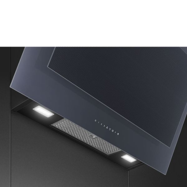 Smeg KV194G 90cm Linea Angled Chimney Auto-Vent 2.0 Hood Neptune Grey controls