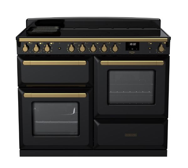 Rangemaster 18123 Estel Deluxe 110 Induction Range Cooker with Proving Drawer in Gloss Black with Antique Brass Trim - ESDLO110EIPGBL/AB1_main