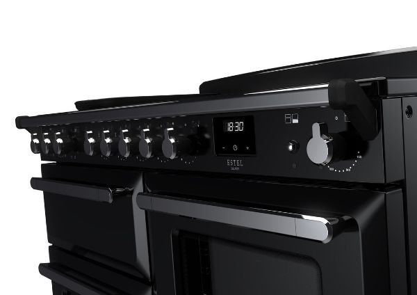 Rangemaster 15197 Estel Deluxe 110 Induction Range Cooker with Proving Drawer in Gloss Black with Chrome Trim - ESDLO110EIPGBL/CM1_controls