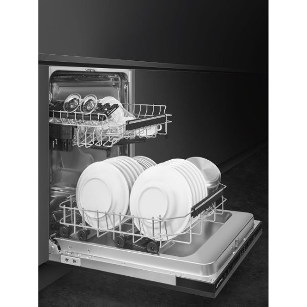 Smeg DI4522 45cm Fully Integrated Slimline Dishwasher In Black _ side view drawers out