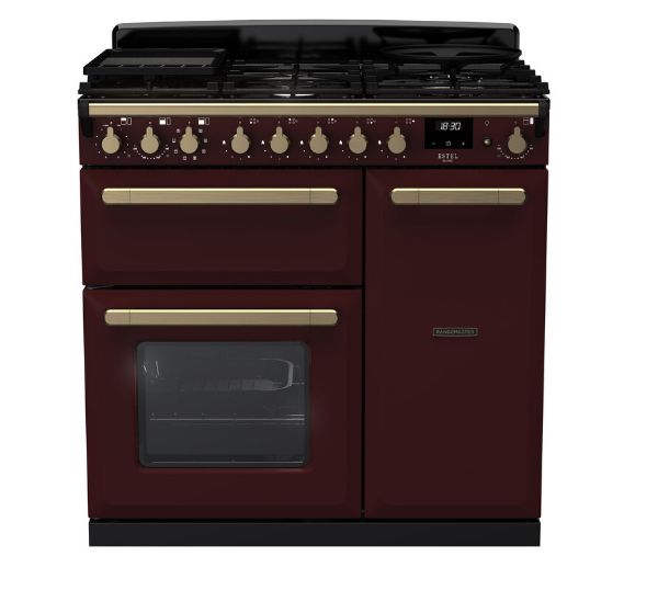 Rangemaster 18035 Estel Deluxe 90 Dual Fuel Range Cooker in Bordeaux with Antique Brass Trim_main