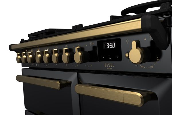 Rangemaster 18032 Estel Deluxe 90 Dual Fuel Range Cooker in Gloss Black with Antique Brass Trim - ESDL90DFPGBL/AB1_controls
