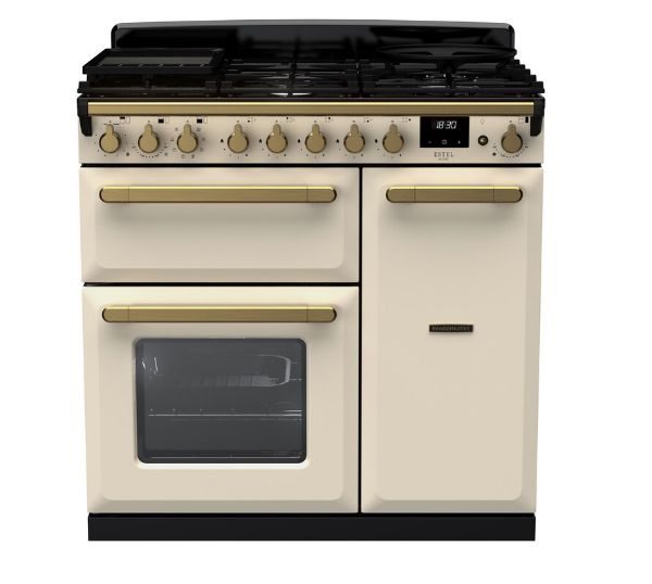 Rangemaster 18034 Estel Deluxe 90 Dual Fuel Range Cooker in Pale Cream with Antique Brass Trim - ESDL90DFPPCR/AB1_main