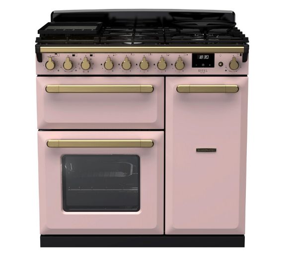 Rangemaster 18037 Estel Deluxe 90 Dual Fuel Range Cooker in Pale Pink with Antique Brass Trim - ESDL90DFPPPK/AB1_main