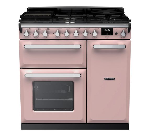 Rangemaster 14982 Estel Deluxe 90 Dual Fuel Range Cooker in Pale Pink with Chrome Trim - ESDL90DFPPPK/CM1_main