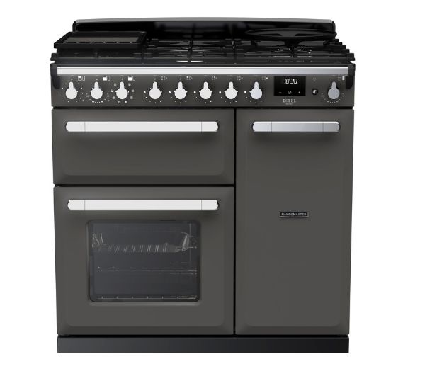 Rangemaster 14977 Estel Deluxe 90 Dual Fuel Range Cooker in Slate with Chrome Trim - ESDL90DFPSLT/CM1_main