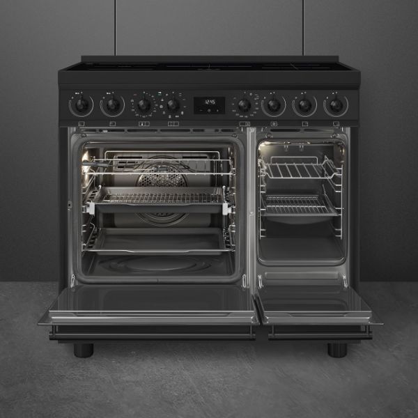 Smeg C92IPX2 90cm Stainless Steel Double Cavity Pyrolytic Cooker open 