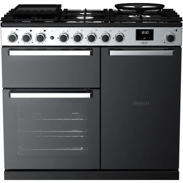 Rangemaster Edge Deluxe 100 Dual Fuel Range Cooker in Black Glass with Chrome Trim - EDDL100DFGBLK/CM1_main