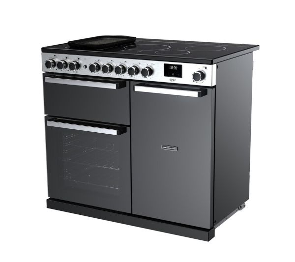 Rangemaster Edge Deluxe 100 Induction Range Cooker in Black Glass with Chrome Trim - EDDL100EIGBLK/CM1_angled