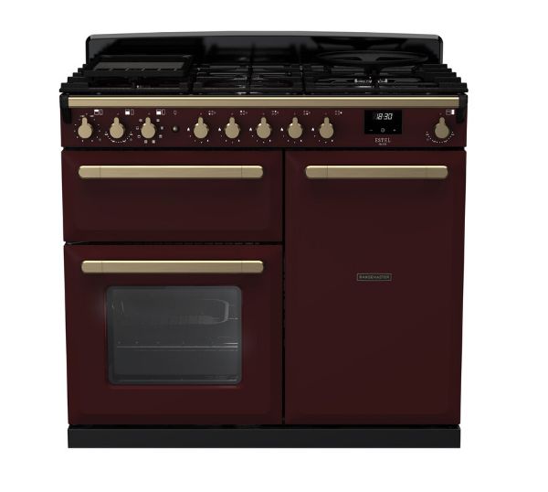 Rangemaster Estel Deluxe 100 Dual Fuel Range Cooker in Bordeaux with Antique Brass Trim - ESDL100DFPBOR/AB1_main