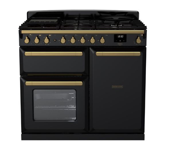 Rangemaster 18074 Estel Deluxe 100 Dual Fuel Range Cooker in Gloss Black with Antique Brass Trim - ESDL100DFPGBL/AB1_main