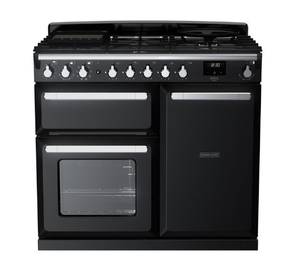 Rangemaster 15078 Estel Deluxe 100 Dual Fuel Range Cooker in Gloss Black with Chrome Trim - ESDL100DFPGBL/CM1_main