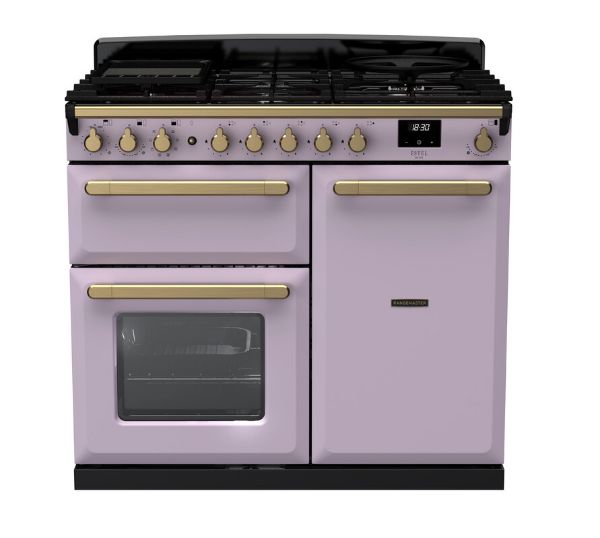 Rangemaster 18233 Estel Deluxe 100 Dual Fuel Range Cooker in Heather with Antique Brass Trim - ESDL100DFPHTH/AB1_main