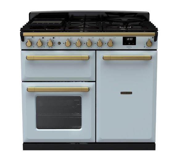 Rangemaster 18078 Estel Deluxe 100 Dual Fuel Range Cooker in Misty Blue with Antique Brass Trim - ESDL100DFPMSB/AB1_main