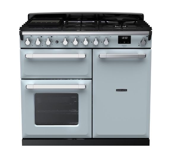 Rangemaster 15083 Estel Deluxe 100 Dual Fuel Range Cooker in Misty Blue with Chrome Trim - ESDL100DFPMSB/CM1_main
