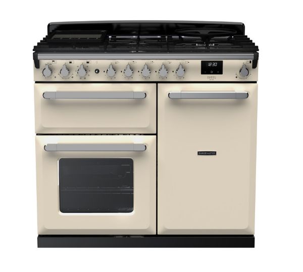 Rangemaster 15080 Estel Deluxe 100 Dual Fuel Range Cooker in Pale Cream with Chrome Trim - ESDL100DFPPCR/CM1_main
