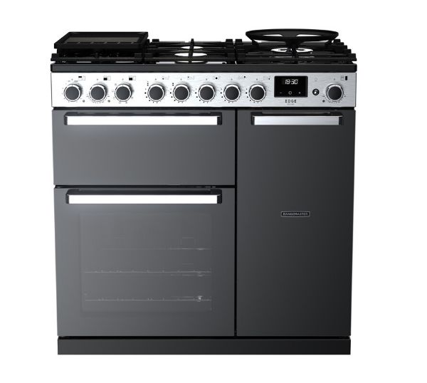 Rangemaster 15796 Edge Deluxe 90 Dual Fuel Range Cooker in Black Glass with Chrome Trim - EDDL90DFGBLK/CM1_main