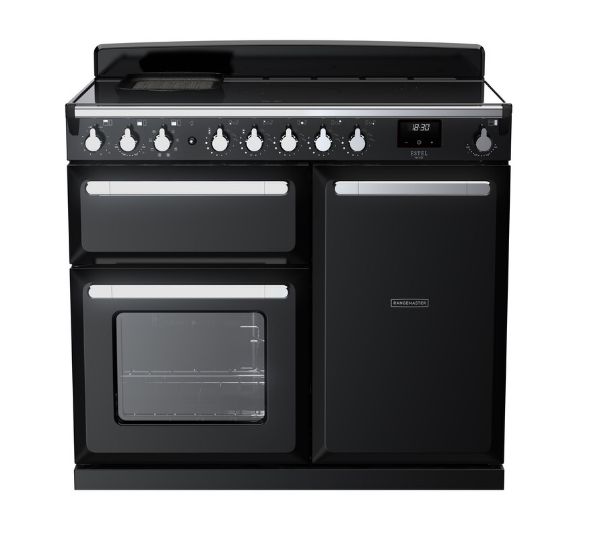 Rangemaster 15112 Estel Deluxe 100 Induction Range Cooker in Gloss Black with Chrome Trim - ESDL100EIPGBL/CM1_main