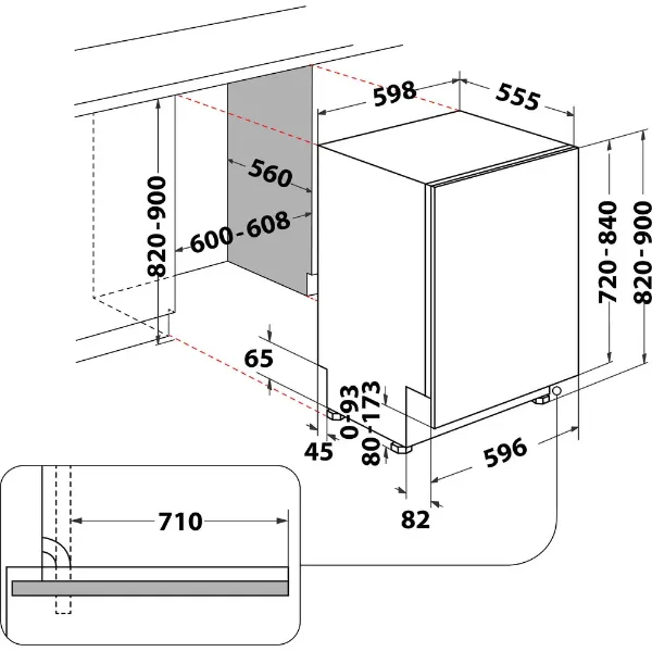 Hotpoint Hydroforce H8I HT59 LS UK Built in 14 Place Setting Dishwasher_dimensions